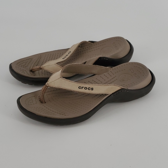 CROCS | Shoes | Crocs Capri Iv Beige Leather Flip Flops Sandals 8 | Poshmark